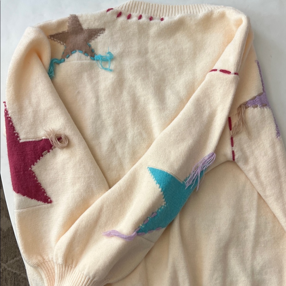 Pol Patchwork Star Sweater - Beige V Neck Thick K… - image 7